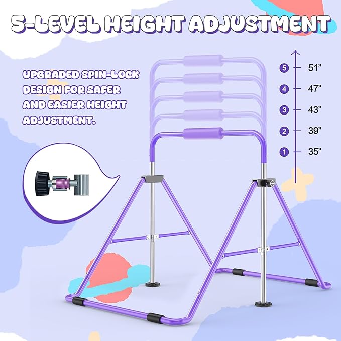 Safly Fun Foldable Gymnastics Bar for Kids, Adjustable 35"-51", Sturdy 145 lbs Capacity, Easy-to-Assemble, Gymnastics Equipment for Kids for Indoor/Outdoor Training