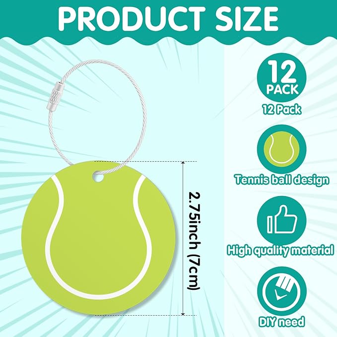 12Pcs Tennis Luggage Tags forTravel Suitcases Labels with Metal Ring 2.75in Tennis Keychain PVC Name Id and DIY Pocket Hug Card,Backpack Charms for Men Women Travel Bag Suitcase