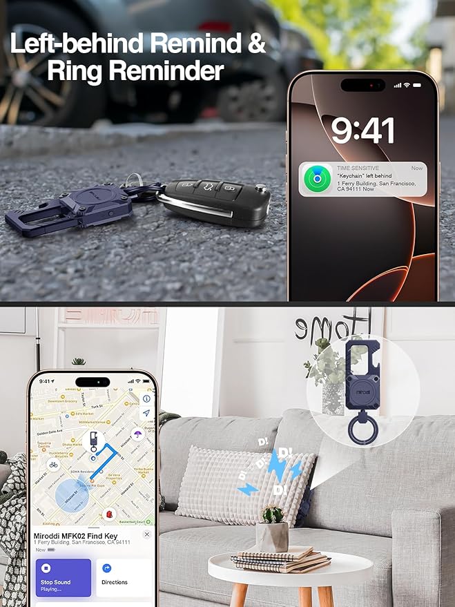 Miroddi Keychain Tracker, Men's Key Chain Works with Find My(iOS Only), Heavy Duty Keychain Carabiner Bottle Opener, Car Key Chains with Finder, Anti-lost Keyrings Tracker, Rechargeable, Navy Blue