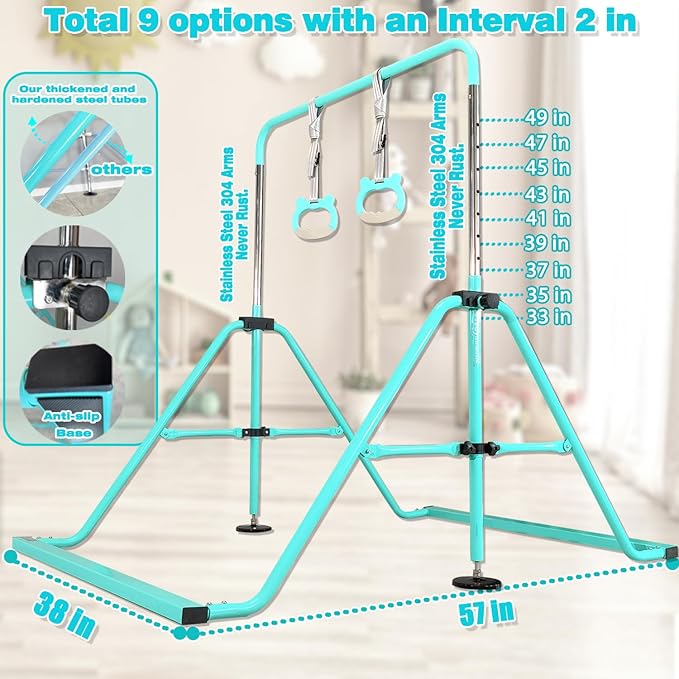 PreGymnastic Folding Gymnastics Bar with Rings, Foldable Kip Bar with Sturdier Base, Training Bar for Kids Ages 3-10, Horizontal Bar, Home Gym Equipment for Boy Girl