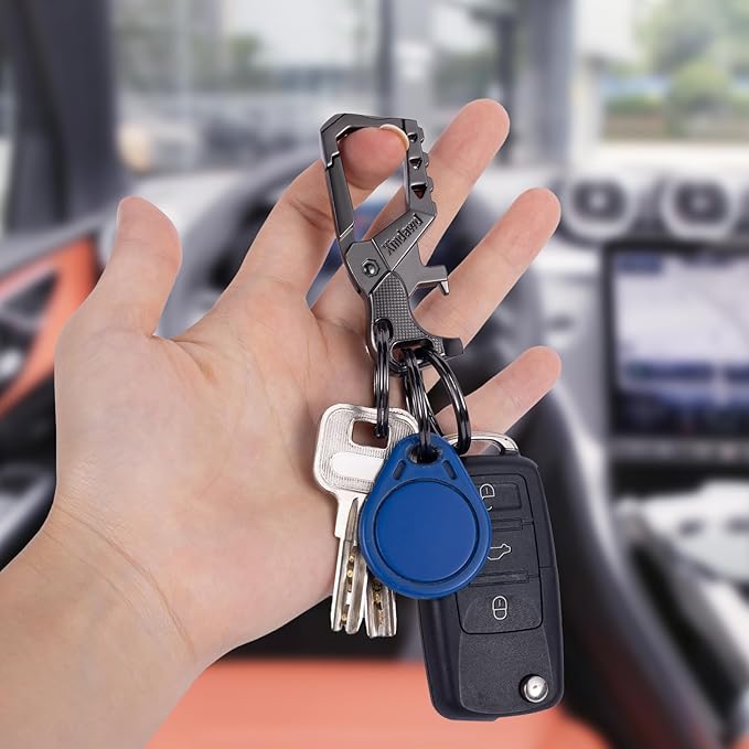 Heavy duty metal keychains, Carabiner Clip Keychain with Bottle Opener, 3 Key Rings for Car Keys, Family Present for Men and Women(Black-1pcs)
