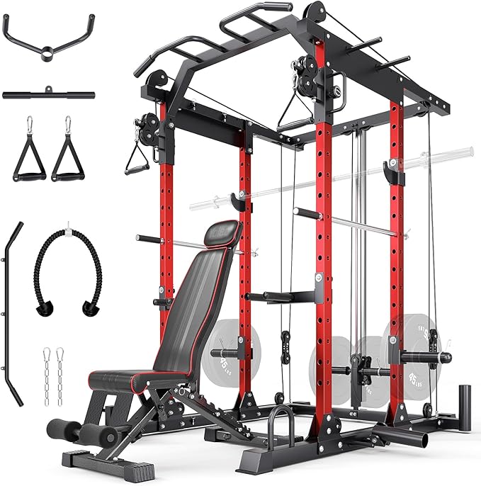 YOLEO Smooth Dual Pulley System Power Cage, 1700LBS Adjustable Cable Crossover Power Rack, Multi-Functional Squat Rack for Home Gym