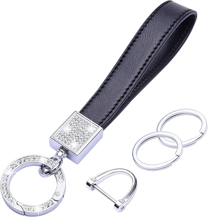 Wisdompro Genuine Leather Car Keychain, Bling Key FOB Holder Leather Loop Keychains for Women Girls with Crystal Rhinestones and 2 Keyrings - Black