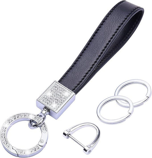 Wisdompro Genuine Leather Car Keychain, Bling Key FOB Holder Leather Loop Keychains for Women Girls with Crystal Rhinestones and 2 Keyrings - Black