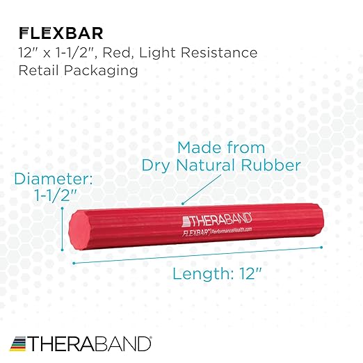 THERABAND FlexBar, Red, Light Level, Therapy Bar, Hand & Wrist Strength, Tennis & Golfer’s Elbow, Tendonitis, Rehab Tool for Grip Training and Pain Relief, Retail Packaging