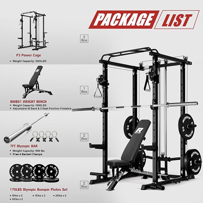 RitFit Upgraded PPC-P3 Power Cage, 3-in-1 Home Gym with Aluminum Pulley System, 1200LBS Capacity, Includes LAT Pulldown, Landmine, J-Hooks & 20+ Attachments, Fits Compact Spaces Black Red