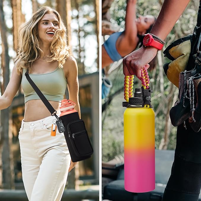 Insulated Water Bottle 40OZ - Cold-48h Hot-24h, Sweat-Proof, Large Stainless Water Bottle with Paracord Handle, Straw Spout Lid, Carrying Pouch & Protective Boot, Office Gym Flask Waterbottle
