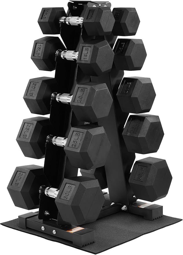 Fitvids 150 LB Rubber Coated Hex Dumbbell Set with Storage Rack, 5-25LB Hand Weight Set with Anti-Slip Grip for Home Gym