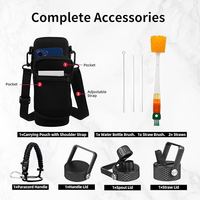 Insulated Water Bottle 40oz,Triple Wall Vacuum Stainless Steel(Dishwasher Safe),Leak Proof & Non-BPA,Flask Jug with Paracord Handle & Straw Spout Lids Sports Sakura