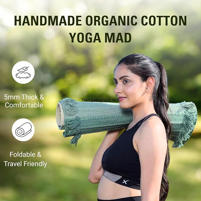 Indian Handmade100 % Organic Anti Skid Multi Colour Cotton Yoga Mat - Eco-Friendly Hand-Woven Rug - Non-Slip & Thick (24”x72”x5mm) for Hot yoga & Everyday Fitness at Home - Comfortable & Foldable Extra-Long Mat