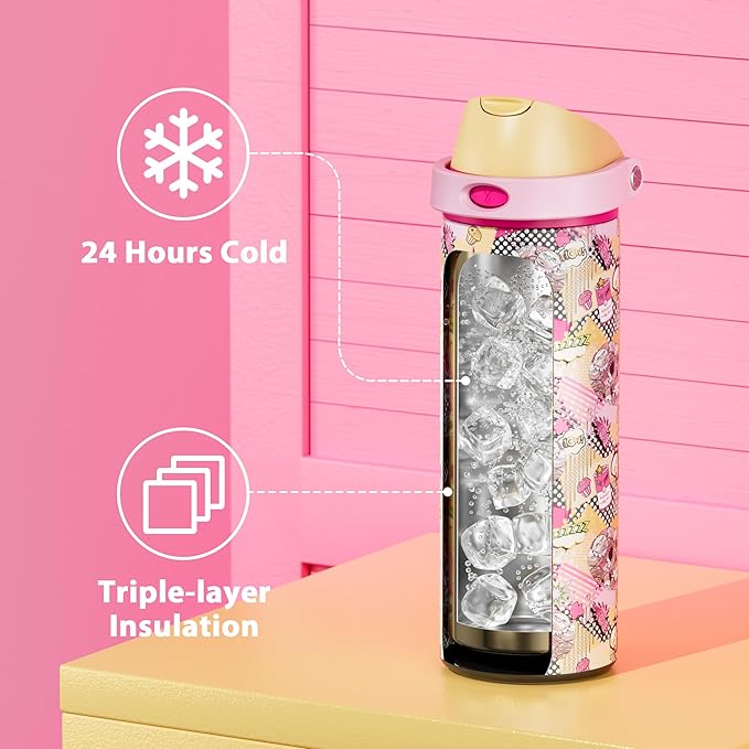 24 oz Insulated Water Bottle with Straw: Meoky Stainless Steel Water Bottle with Straw and Spout Lid - Leak Proof, Cold for 24 Hours, Fits in Car Cup Holder, BPA-Free for Travel Gym, Skull Parade