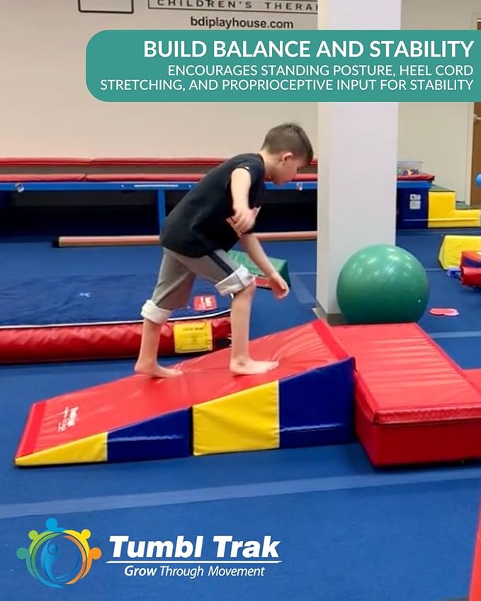 Folding Incline for Pediatric Occupational Therapy - Stimulates Balance, Core Activation, and Proprioceptive Input (Primary Rainbow, 60 in x 84 in x 16 in)
