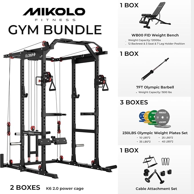 Mikolo K6 2.0 Power Cage, Power Rack with Cable Crossover System, 2000LBS Squat Rack with LAT Pull Down System, Functional Trainer with Aluminum Pulley System for Home Gym