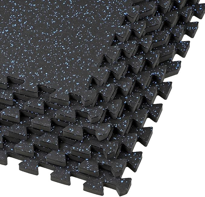 Xspec 1/2" Thick 48 sq ft (12 Tiles) Interlocking Rubber Top EVA Foam Exercise Mat | Home Gym Mats Workout Flooring Tiles for Gyms, Fitness Rooms | Durable Grip Protective Flooring, Black/Blue
