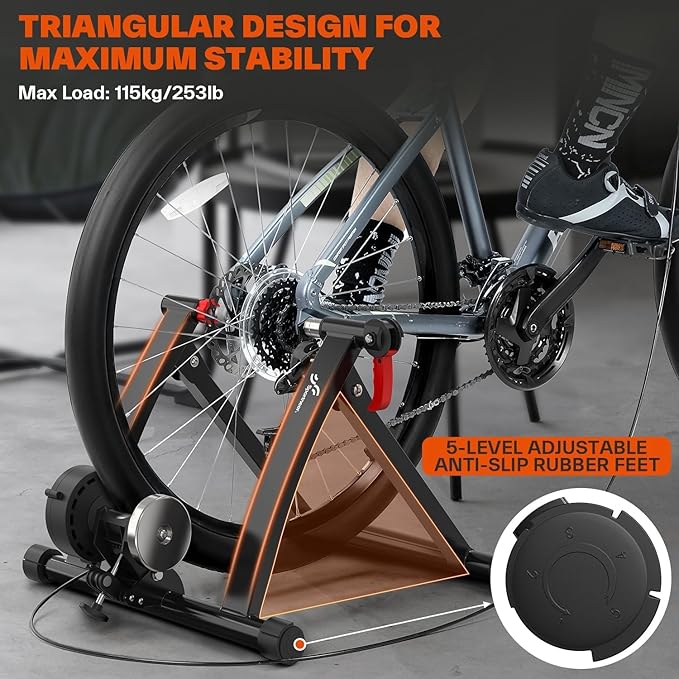 Sportneer Bike Trainer - Magnetic Stationary Bike Stand for 26-28" & 700C Wheels - Adjustable 6 Level Resistance Bike Trainer Stand for Indoor Riding with Quick Release Lever & Front Wheel Riser Block