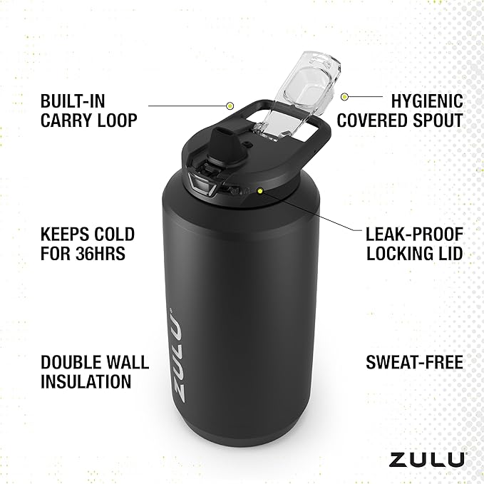 ZULU Goals Vacuum Insulated Large Capacity Stainless Steel Water Bottle | Reusable Jug Thermoses with Carry Handle | Leak-Proof Lid | Perfect for Travel, Workout, Gym, Hiking, Camping | 64oz, 101oz