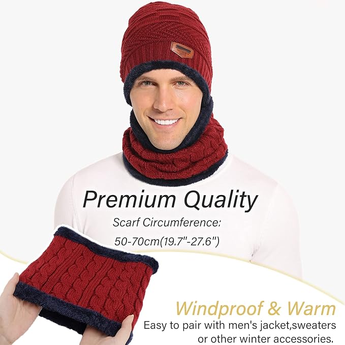FZ FANTASTIC ZONE Mens Womens Winter Beanie Hat Scarf Set Warm Knit Thick Fleece Lined Skull Cap Neck Warmer for Men Women