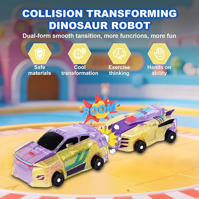 Aimery Collision Transforming Dinosaur Car Toy, 2 Magnetic Cars Convert into Dinosaur Toys,Dino Robot Toy, Boys Toys,Party Birthday for Kids (Yellow)