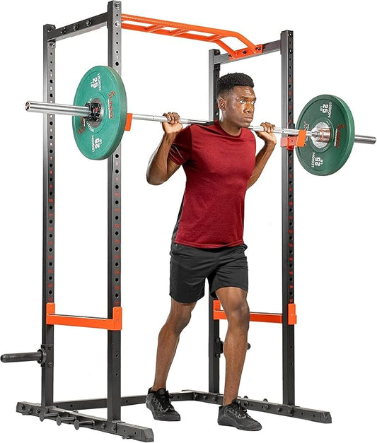Sunny Health & Fitness Power Zone Strength Rack Power Cage - 1000 LB Weight Capacity, Spotter Bar, Angled Pull-Up Bar, J-Hooks, Resistance Band Pins, Optional LAT Pull Down
