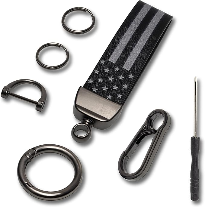 Car Key Chain, Leather Cars Keychains for Men, American Usa Flag Key Chains with Anti-Lost D-Ring Men Car Accessories