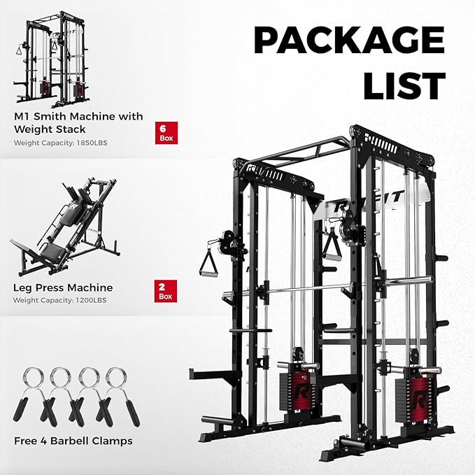 RitFit M1 Pro Smith Machine Package, All-in-One Power Cage with Weight Stack Set, Includes LAT Pulldown & Cable Crossover System for Home Gyme