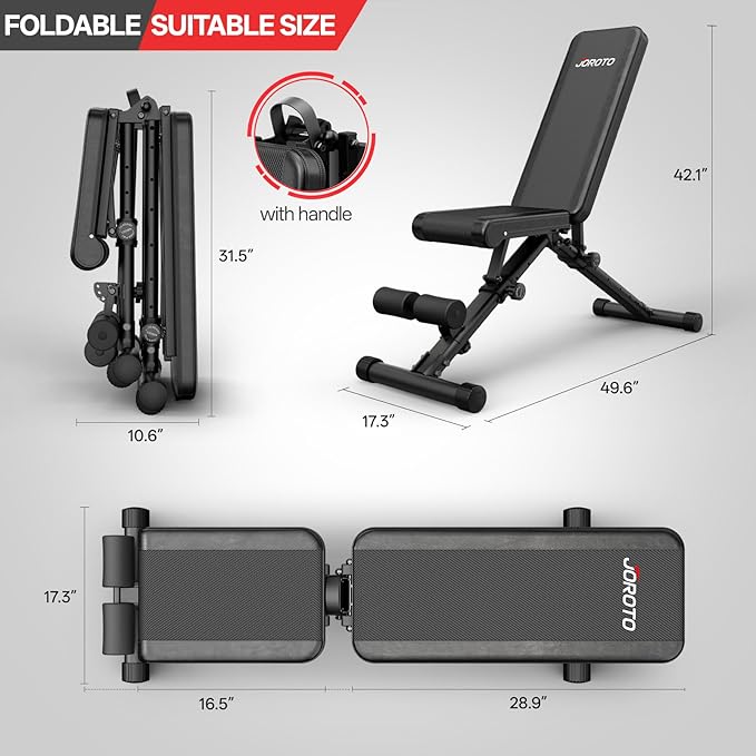 JOROTO Adjustable Weight Bench, Foldable Workout Bench for Home Gym Strength Training, Incline Decline Flat Bench Press with Wheels and Extended Backrest, Full Body Workout Equipment