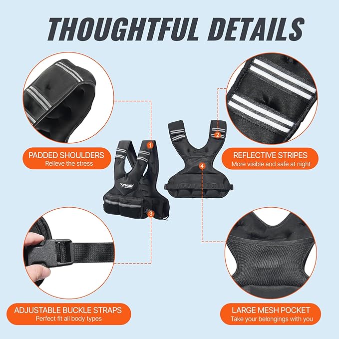 VEVOR Adjustable Weighted Vest, 11-20lb/20-32lbs/35lbs/40lbs Weight Vest with 6 Ironsand Weights and Reflective Stripe, Workout Equipment for Strength Training Running Jogging