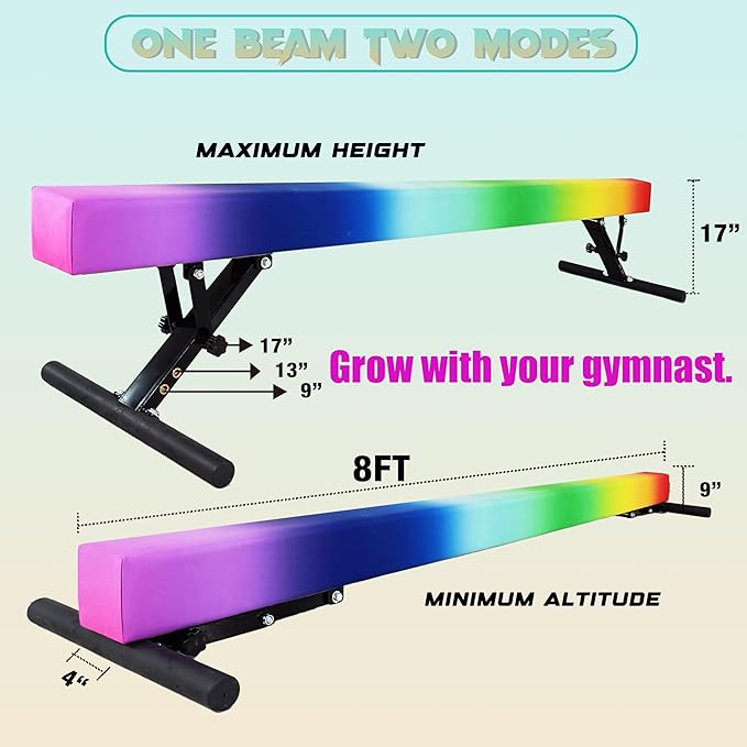 PreGymnastic 8FT Balance Beam, Raised Gymnastics Beam for Kids Ages 3-12, Home Gym Equipment for Training, Adjustable Balancing Beam Indoor, Off-Ground Competition Style