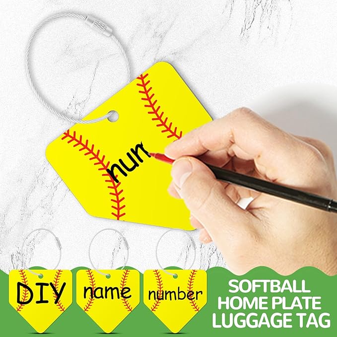 12 Pcs Softball Home Plate Luggage Tags for Softball Travel Suitcase Labels with Metal Ring 2.75in Softball-Related Keychain PVC Name Id Card and DIY Pocket Hug Card for Men Women Travel Bag Suitcase