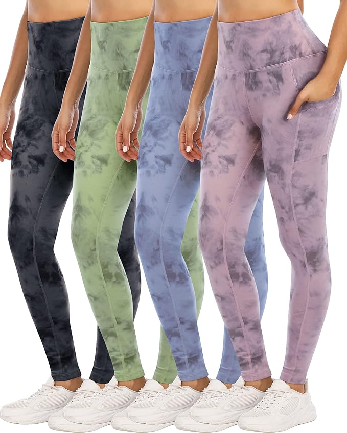 4 Pack Leggings with Pockets for Women,High Waist Tummy Control Workout Yoga Pants