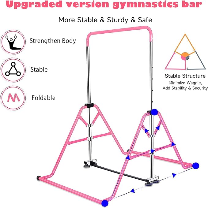 Gymnastics Horizontal Bar, Junior Training Kip Bar Gymnastics Equipment for Home, Adjustable Telescopic Height Folding Horizontal Bar with Gymnastic Rings for 3-12 Years Old Kids