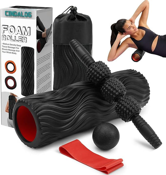 5 in 1 Foam Roller Set - Trigger Point Foam Back Roller, Muscle Roller Stick, Massage Ball, Stretching Band for Deep Muscle Massage Pilates Yoga,Fitness Exercise for Whole Body Release (Black)