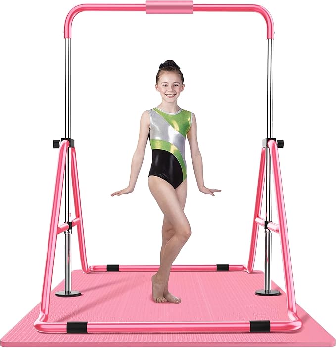 HYD-Parts Gymnastics Bar with Mat, Foldable Gymnastics Horizontal Bar Height Adjustable, Gymnastics Equipment for Kids 3-12 Ages, Children's Gifts