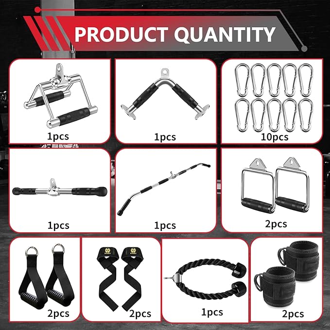 LAT Bar Cable Attachment with Rubber Handgrips, Deluxe Heavy Duty Solid Curl Bar Revolving Hanger Home Gym Cable Attachments