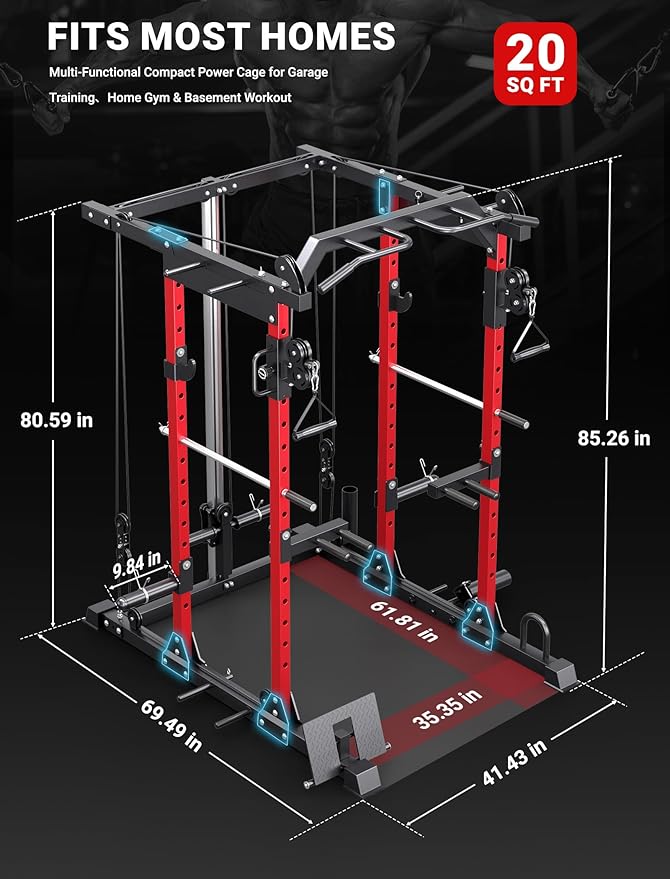 YOLEO Smooth Dual Pulley System Power Cage, 1700LBS Adjustable Cable Crossover Power Rack, Multi-Functional Squat Rack for Home Gym