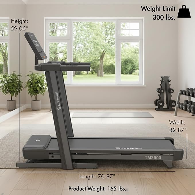 Lifesmart TM2500 PowerTouch Folding Treadmill for Home Gym | Brushless Motor, 10% Incline & -3% Decline | Compact Heavy Duty Treadmill with Bluetooth Speakers, Fan & Heart Rate Monitor