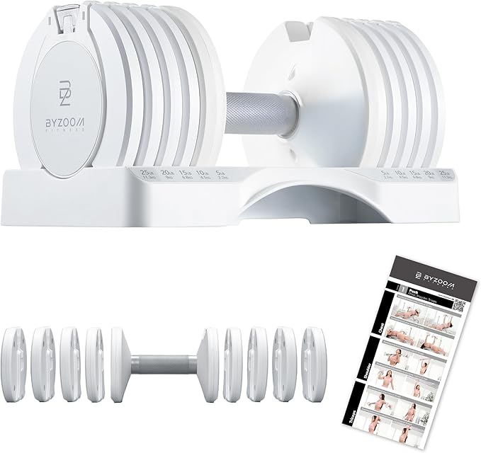 BYZOOM FITNESS Adjustable Dumbbell – 12.5/25lb Single Unit OR Set of 2 – 5-in-1 Adjustable Weight for Home Gym, Strength Training & Fitness Workouts, White OR Black