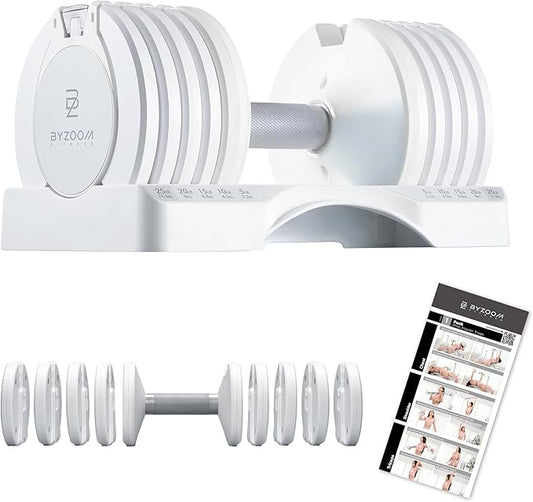 BYZOOM FITNESS Adjustable Dumbbell – 12.5/25lb Single Unit OR Set of 2 – 5-in-1 Adjustable Weight for Home Gym, Strength Training & Fitness Workouts, White OR Black