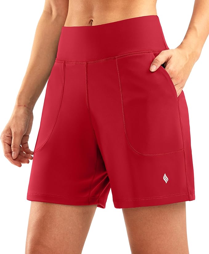 SANTINY Women's 6'' Athletic Long Shorts with 4 Pockets High Waisted Bermuda Shorts for Women Walking Running Casual