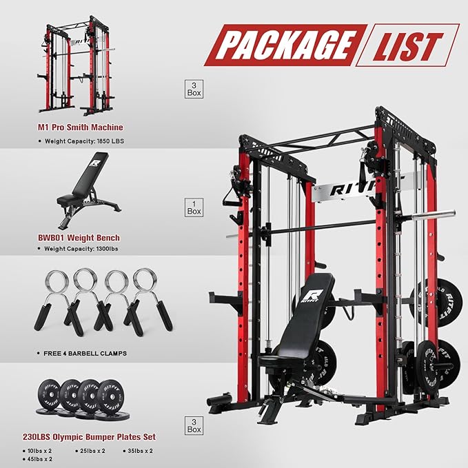 RitFit M1 Pro Smith Machine Package, All-in-One Power Cage with Weight Stack Set, Includes LAT Pulldown & Cable Crossover System for Home Gyme