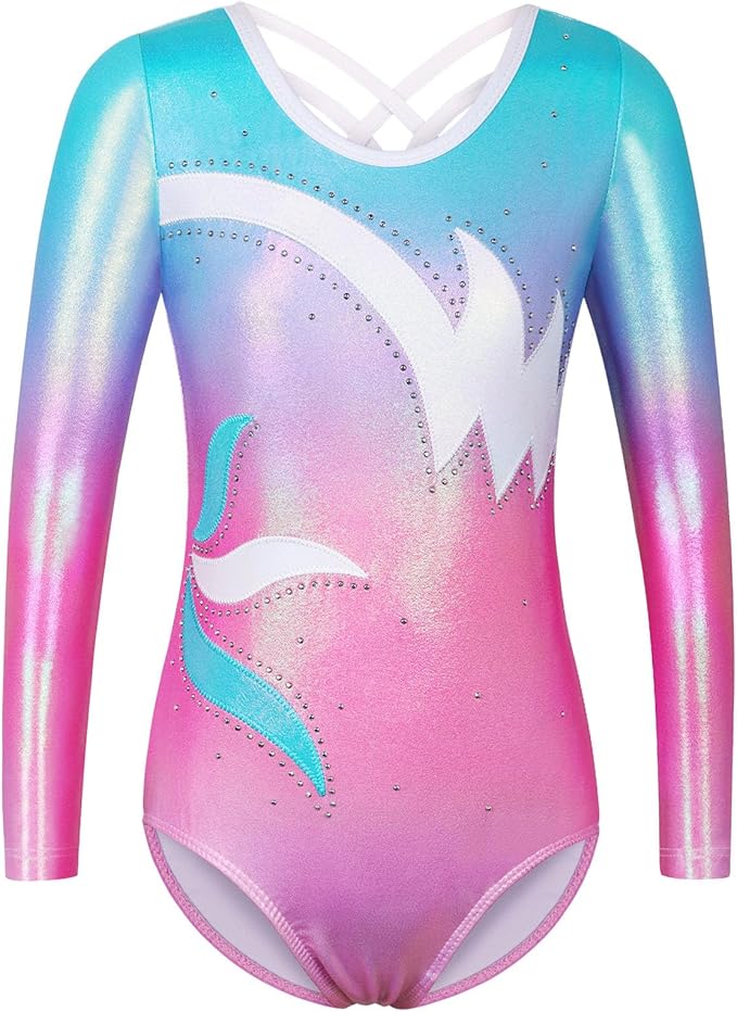 BAOHULU Gymnastics Leotards for Girls Long Sleeve Sparkly Cute Pattern Dance Outfit with Matching Shorts Set