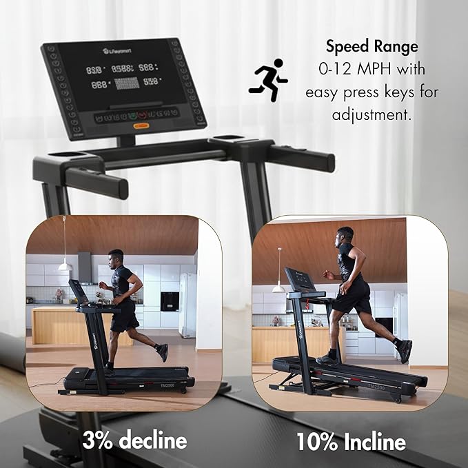 Lifesmart TM2500 PowerTouch Folding Treadmill for Home Gym | Brushless Motor, 10% Incline & -3% Decline | Compact Heavy Duty Treadmill with Bluetooth Speakers, Fan & Heart Rate Monitor