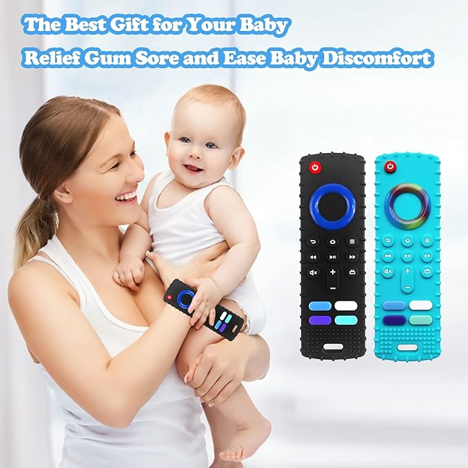 Baby Teething Toys, Food Grade Silicone Teethers for Babies 3 6 12 18 Months, Fire TV Remote Shape Infant Chew Toys for Boys and Girls, Freezer BPA Free (Black+Black)