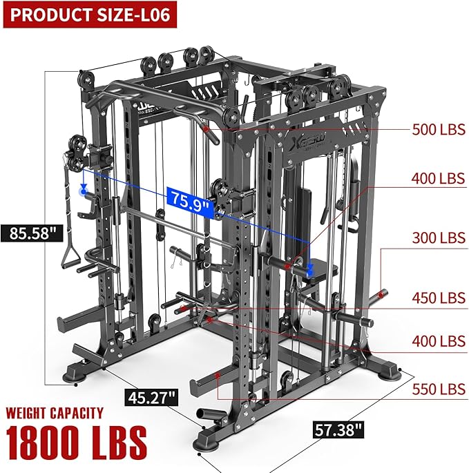 Smith Machine, Multi-Purpose Strength Power Cage with Cable Crossover System and More Training Accessories,Squat Rack Power Rack，Suitable for Home Gyms