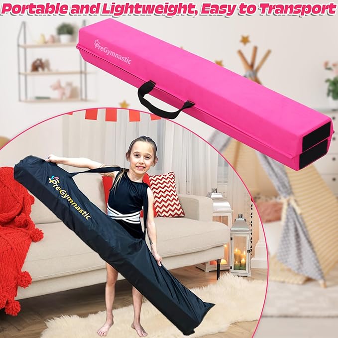 PreGymnastic 6FT/8FT/9.5FT Folding Balance Beam for Kids Ages 3-12, Foldable Gymnastics Floor Beam-Extra Firm Suede Cover with Carrying Bag for Home-Gym Equipment for Toddler Teenager