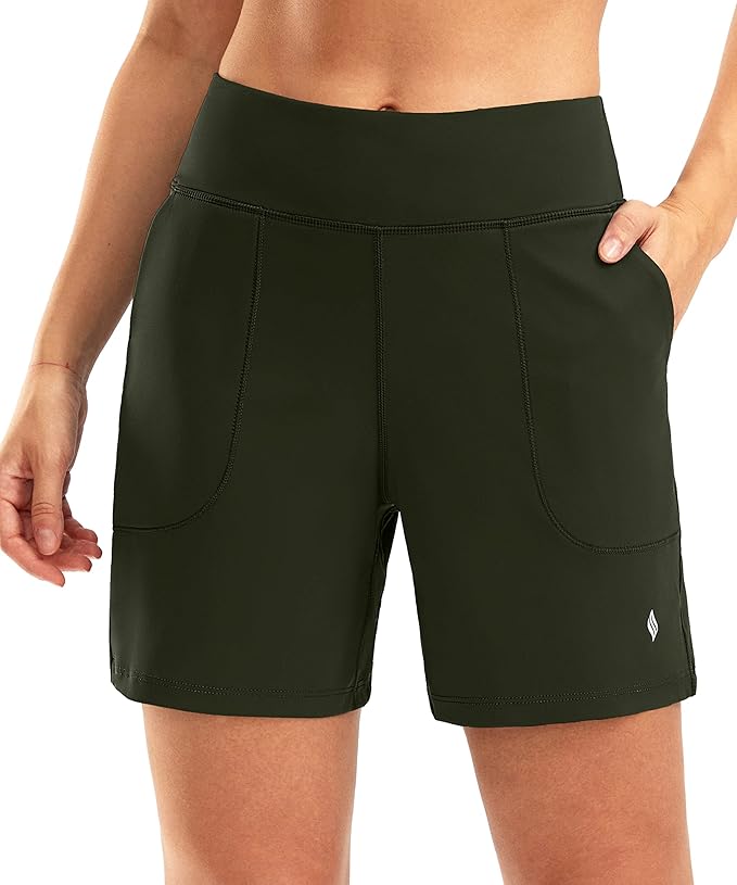 SANTINY Women's 6'' Athletic Long Shorts with 4 Pockets High Waisted Bermuda Shorts for Women Walking Running Casual
