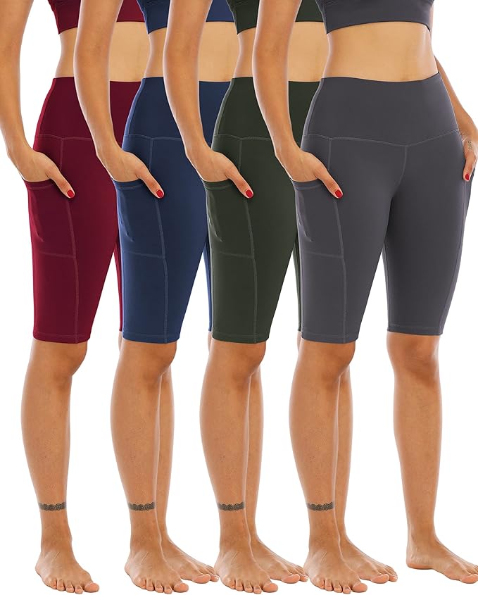 WHOUARE 4 Pack Biker Yoga Shorts with Pockets for Women,High Waisted Athletic Running Workout Gym Shorts Tummy Control