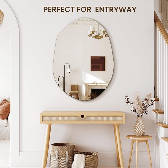 Irregular Asymmetrical Wall Mirror for Living Room Bathroom Entryway, Modern Decorative Mirror Hanging (Hook Style, 24'' x 18'')