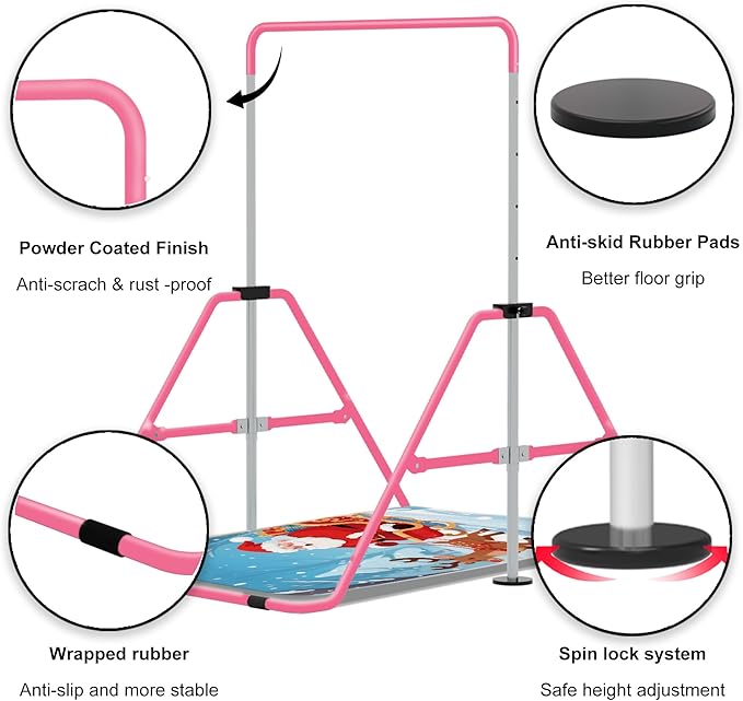 Gymnastics Bar with Self-Inflating Mat for Kids, Adjustable Height Gymnastic Horizontal Bars with Mat, Folding Gymnastic Training Monkey Bars, Junior Expandable Training Kip Bar for Home