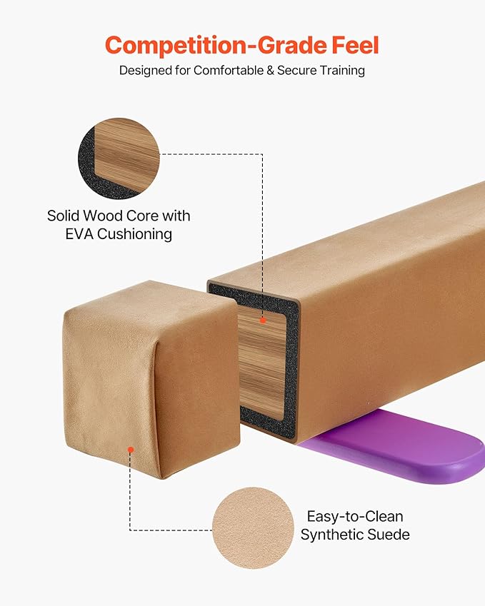 VEVOR 8FT Balance Beam for Kids, 200-350LBS Stable Support Gymnastics Floor Beam with Non-Slip Mat, Wood-Core/EVA Gymnastics Training Equipment with Anti-Slip Bottom & Carry Bag for Home Gym